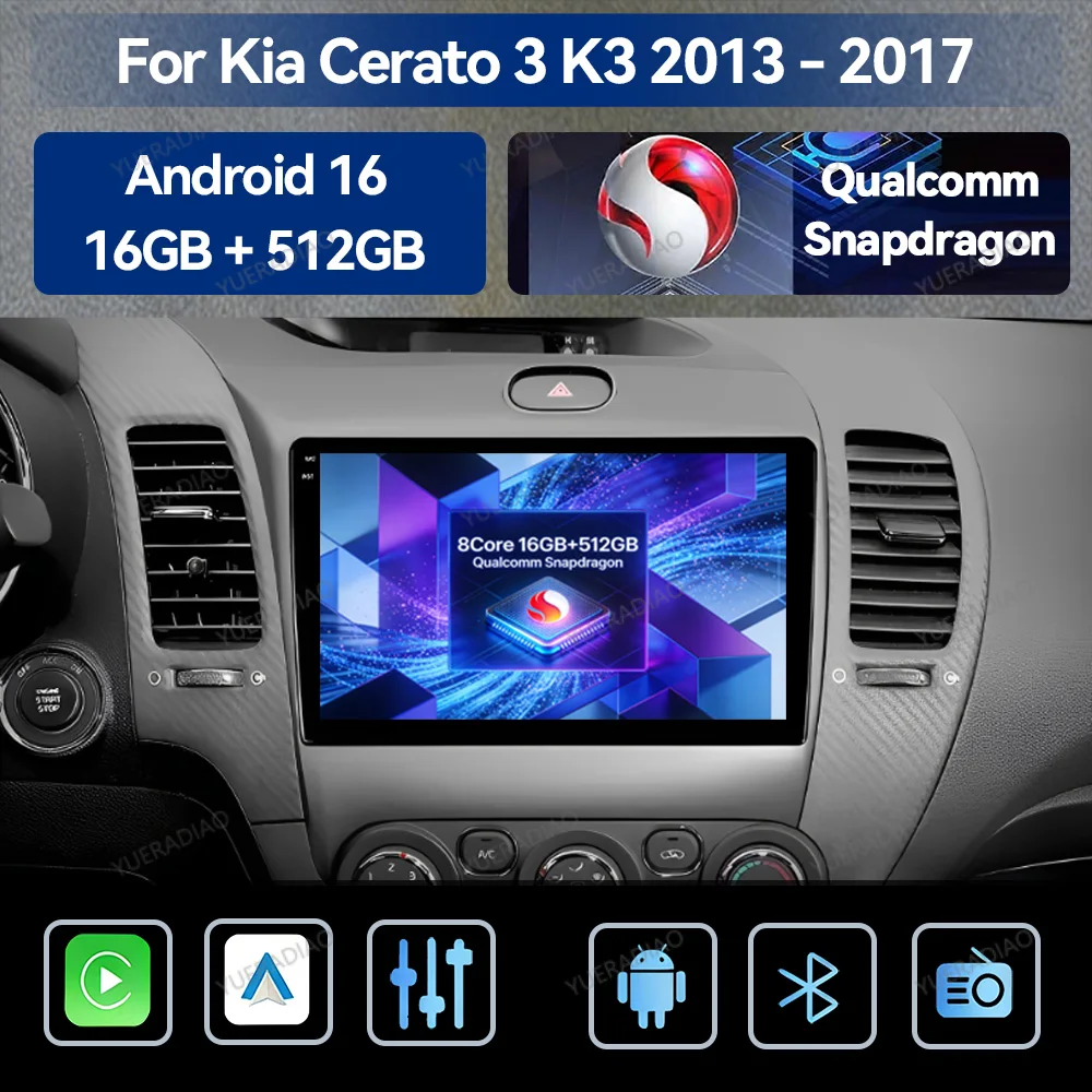 Android 16 Car Radio For Kia K3 Cerato 3 Forte 2013 - 2017 GPS NAVI QLED 2DIN Multimedia Stereo Video Player Qualcomm Head Unit