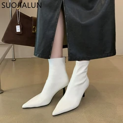 SUOJIALUN 2024 Winter New Brand Women Ankle Boots Fashion Pointed Toe Ladies Elegant Short Boots Shoes Thin High Heel Chelsea Pu