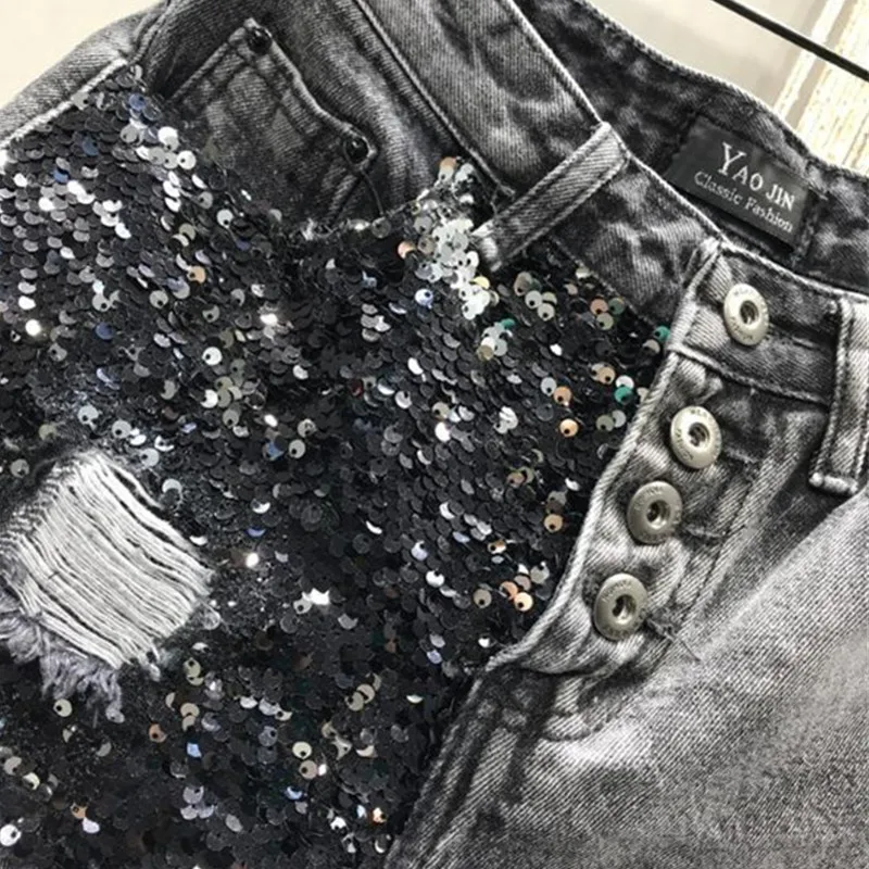 Summer Sequin Denim Shorts Women\'s High Waist Large Size Hole Fashion Patchwork Shorts Girls High Street A-line Hot Pants