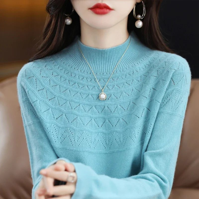 2024 New 100% merino wool semi-turtleneck sweater solid color long-sleeved women's knitted openwork sweater loose pullover