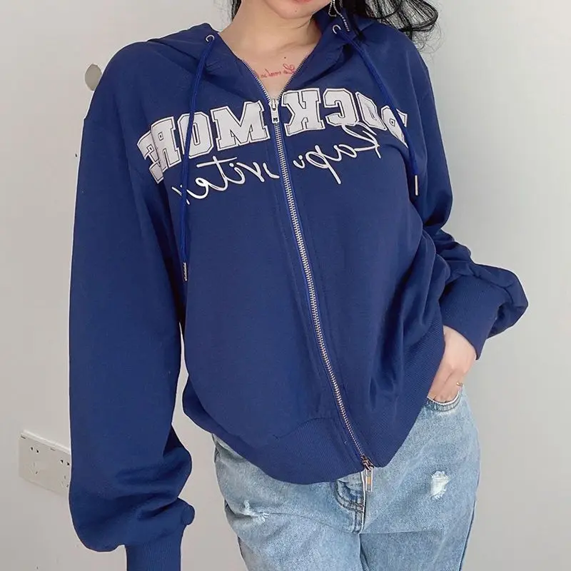 

Jacket Letter Print Double Zipper Design Klein Blue Hooded Sweatshirt Women'S Loose Slim Casual Jacket Trendy