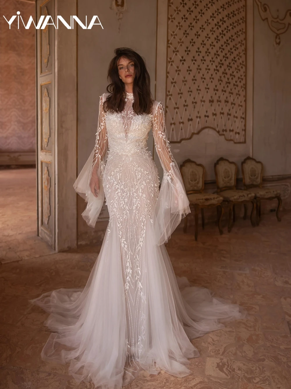 

Detachable Sleeve Beaded Mermaid Long Wedding Dress Charming Lace Apploques Bridal Gown Customized Dreamy Dresses For Bride