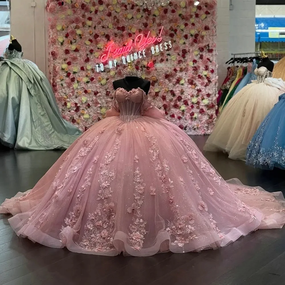 

Розовые платья Charro Quinceanera, бальное платье с милой аппликацией и цветочным принтом, мексиканские милые платья 16, 15 Anos по индивидуальному заказу