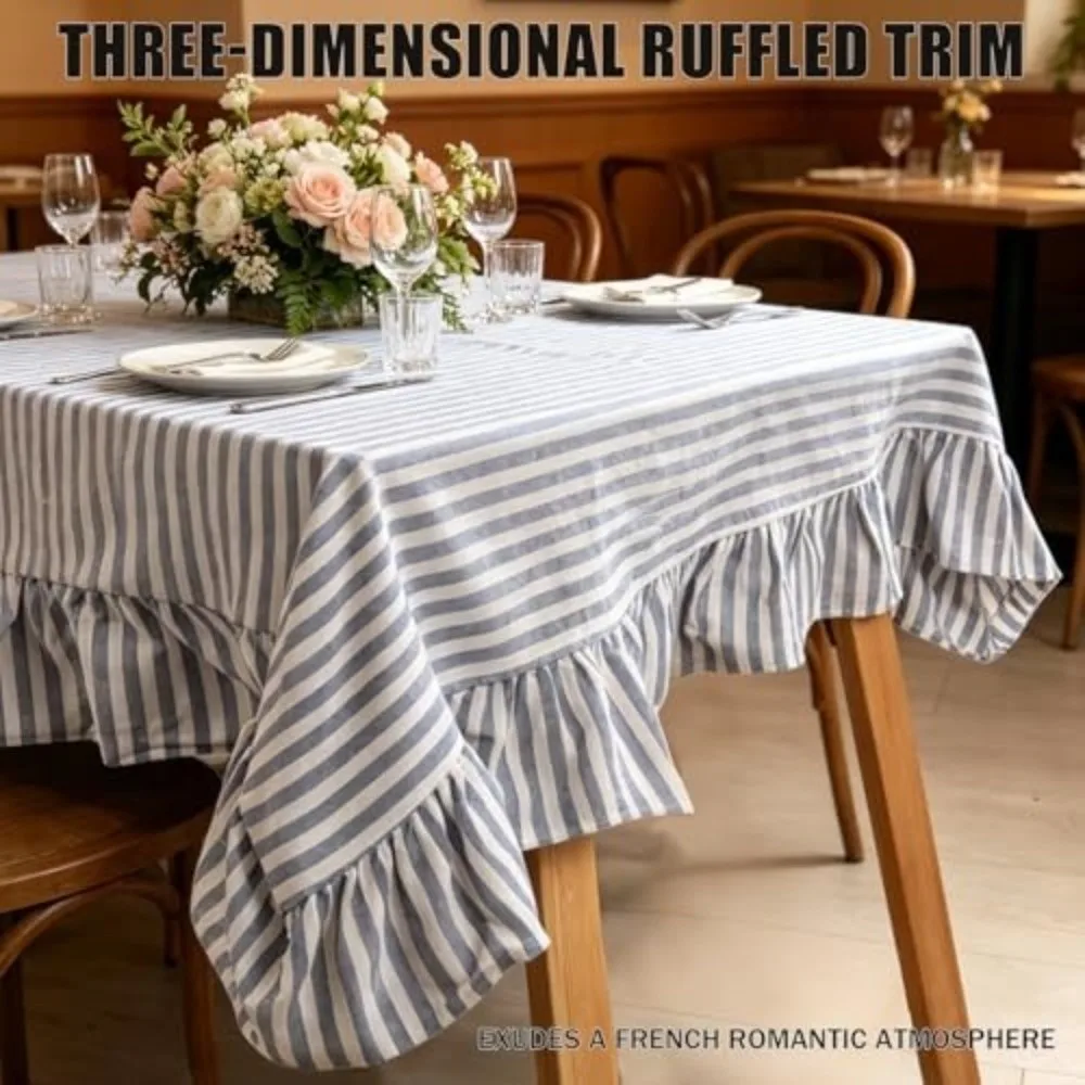 Vertical Striped Table Cover Washable Wrinkle-Resistant Farmhouse Tablecloth Ruffle Trim Striped Ruffle Tablecloth Kitchen