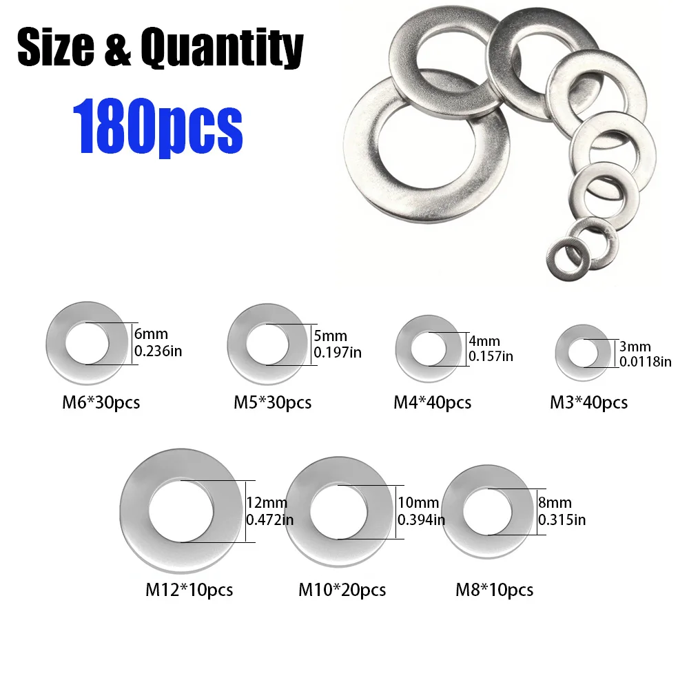 180-Piece Set of M3, M4, M5, M6, M8, M10, and M12 Stainless Steel Flat Washers for Home, Shop, and Outdoor Building Maintenance.