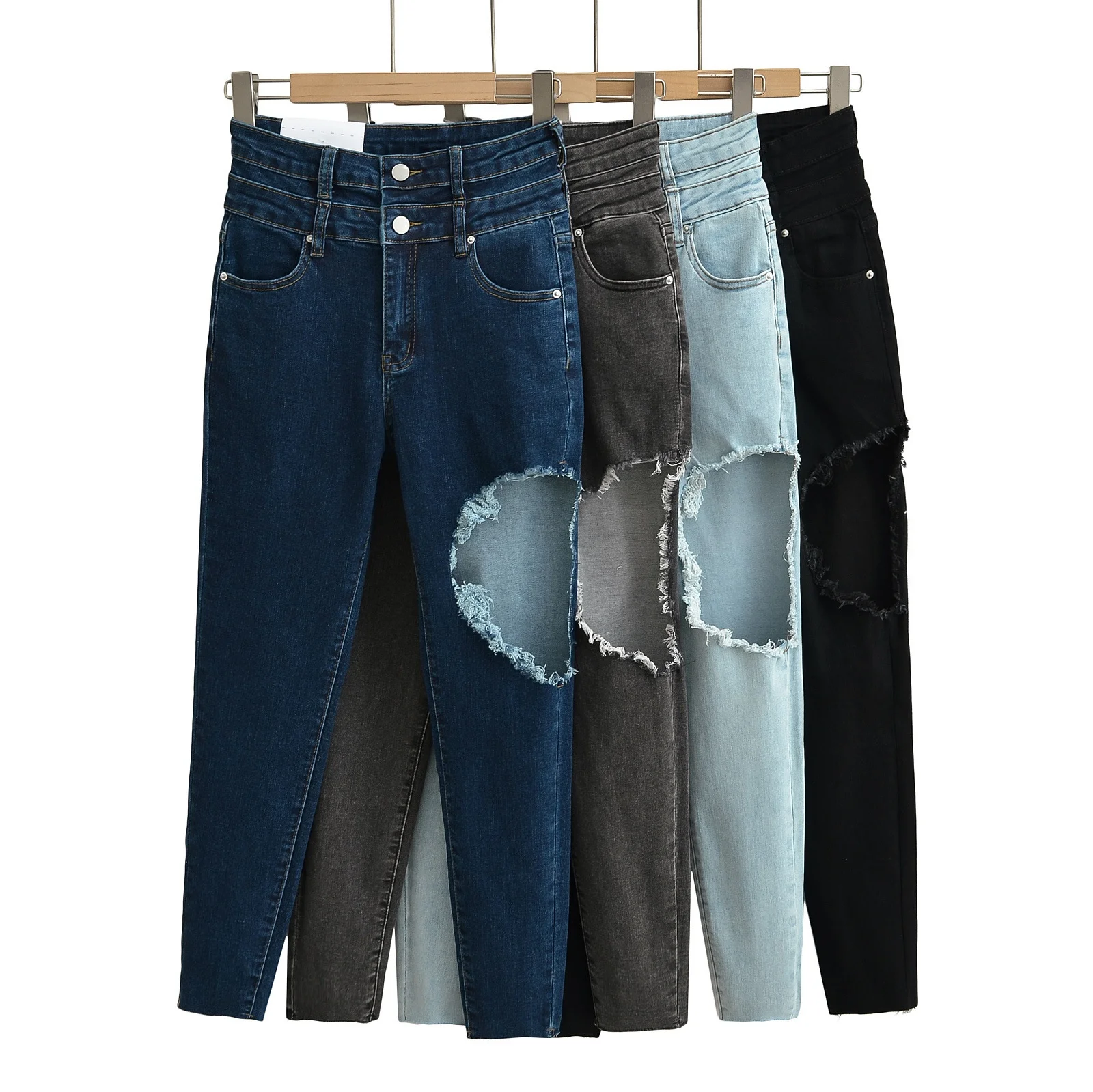 

High Waist Stretchy Denim Long Pants Slim Fit Distred Pencil Jeans Button Detailing Women's Faion Casual Trousers