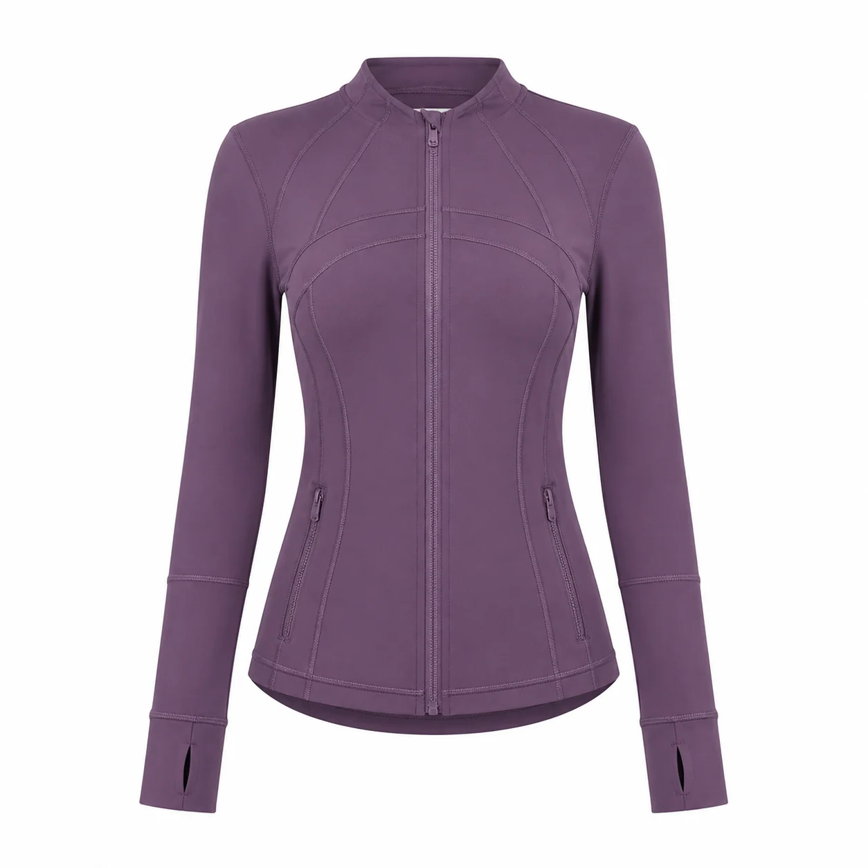 Women's Gray Purple Slim Fit Full Zip Sports Jacket Stand Collar Long Sleeve Running Yoga Workout Outerwear Style P040
