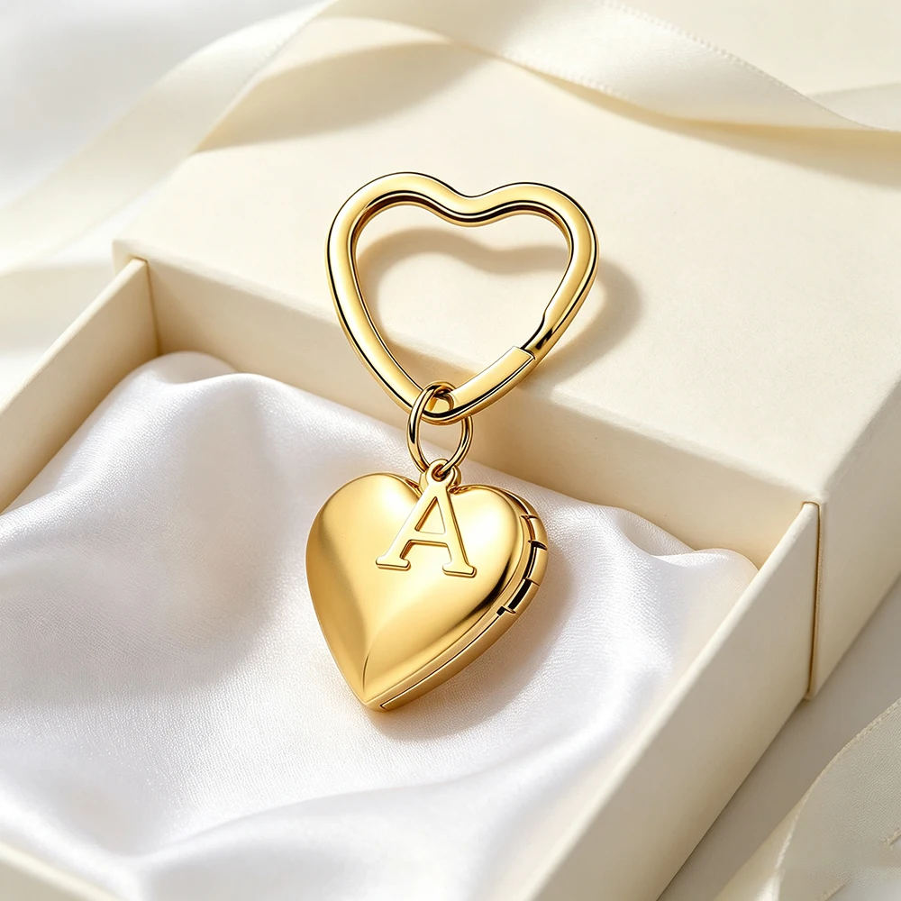 Fnixtar 10pcs Photo Locket Pendant Key Chain With Initial Letters Stainless Steel Heart shaped Name Lover Keyring Gold Plated