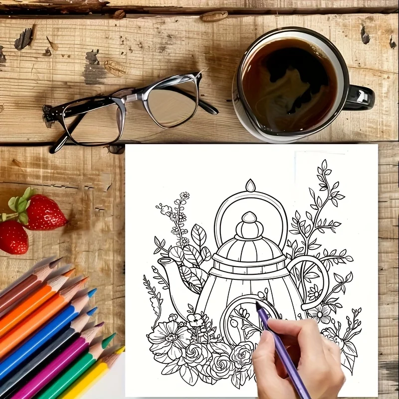 Libro para colorear de tetera con tema floral de ensueño de 28 páginas, libro para colorear para reducción de estrés para adultos |   Libro para colorear