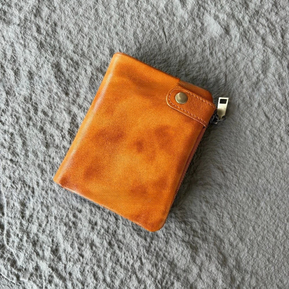 Vegetable-tanned leather vintage distressed short wallet, simple billfold, ID card holder, portable bank card holder