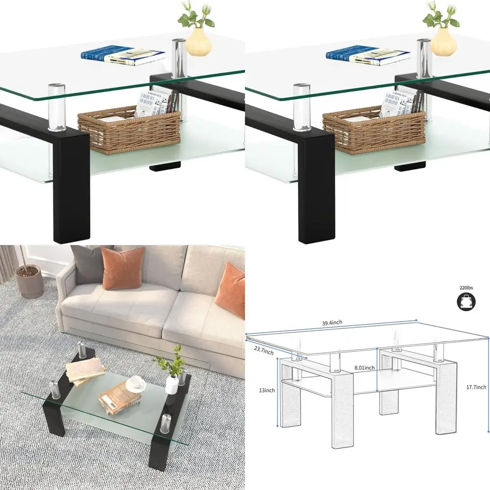 

Modern 2-Tier Black Glass Coffee Table with Tea Tier for Living Room