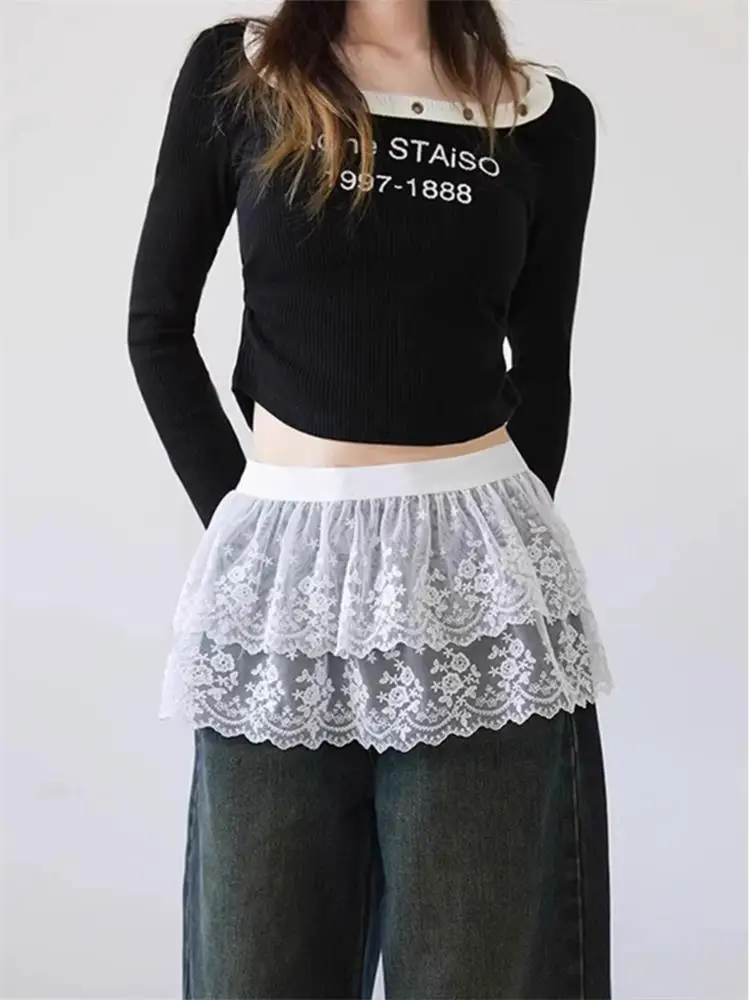 

Double Layer Lace Base Skirt with Ruffle Casual High Waist A-Line Skirt White Cover Hip Fairy Tale Style Women's Fashion