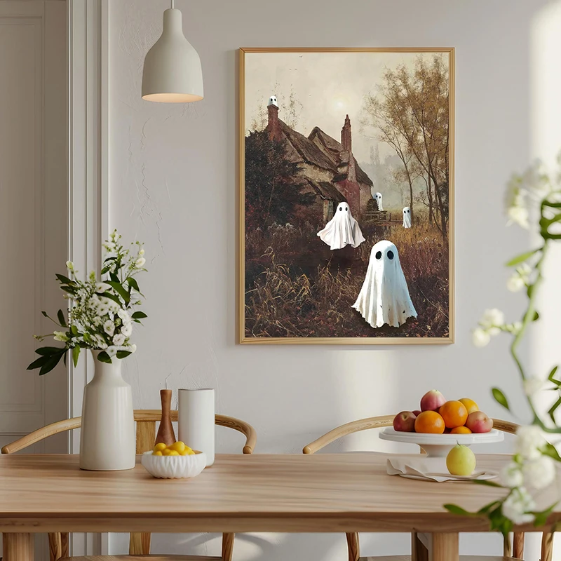 Halloween Spooky Ghosts Canvas Painting Print Autumn Halloween Forest Flower Wall Art Poster for Modern Living Room Home Decor