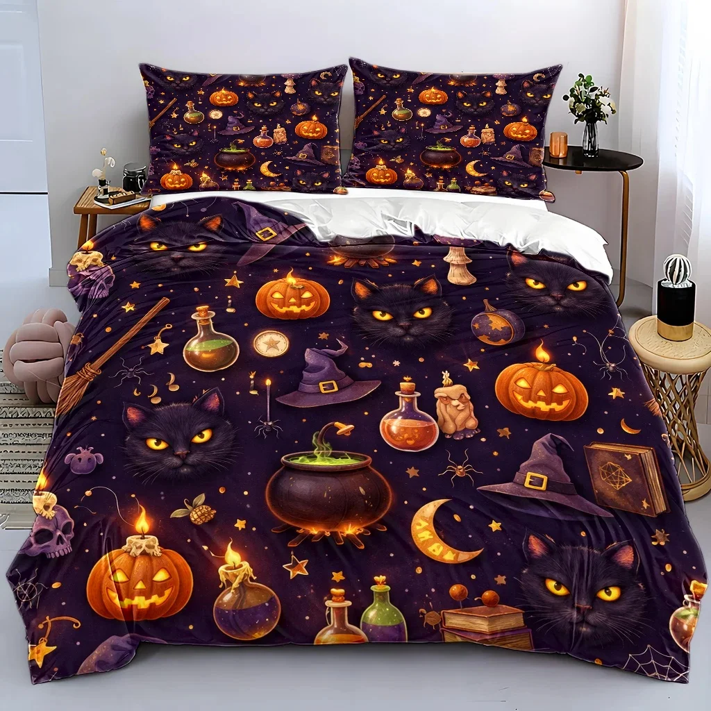 3Pc Halloween-Themed Duvet Cover Set, Three-Piece Bed Set (1*Duvet Cover + 2*Pillowcases), Suitable for All Seasons, Machine Washable, with Invisible Zipper, Pumpkin and Black Cat Magic Elements, Large Double Bed Cover Set, Suitable for Home, Dormitory, Master Bedroom, Guest Room, Cross-Border Best-Selling Witch-Themed Bedding, Cartoon Halloween Pattern Duvet Cover and Pillowcase Set, Specially Designed for Export, Holiday-Themed Bedding Set
