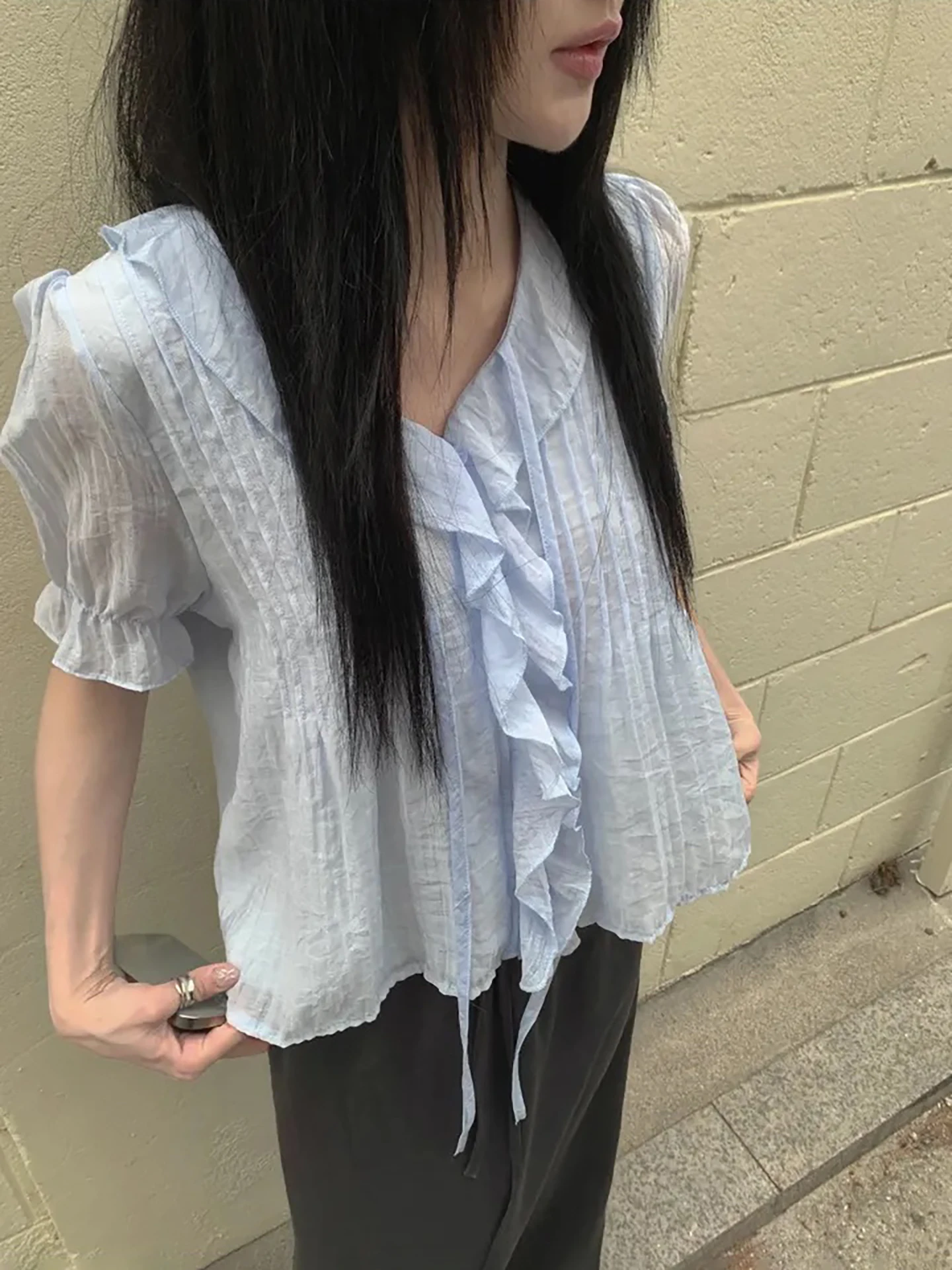 Korean Sweet Romantic Age-Defying Pleated Belted Semi-Transparent Short-Sleeve V-Neck Shirt Women's Loose Style Summer Fashion
