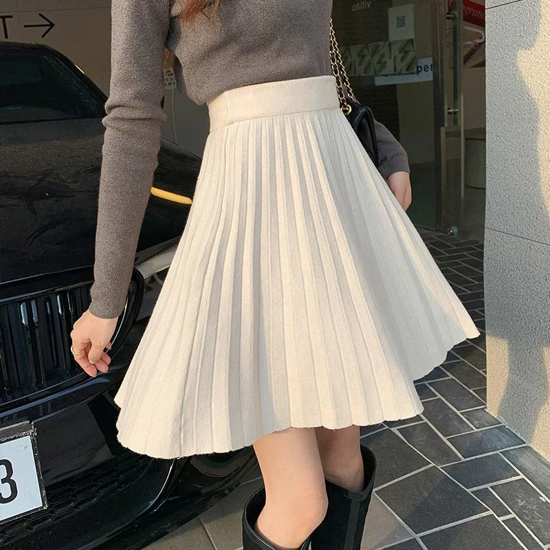 Women Skirt Short Green Beige Black Knitted Pleated Skirt A-Line High Waist Korean Spring Autumn Winter Skirt mujer faldas