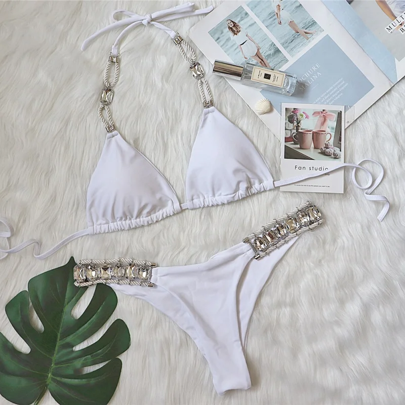 Badpak Sexy Crystal Diamond damesbadpak Effen band-backless bikini