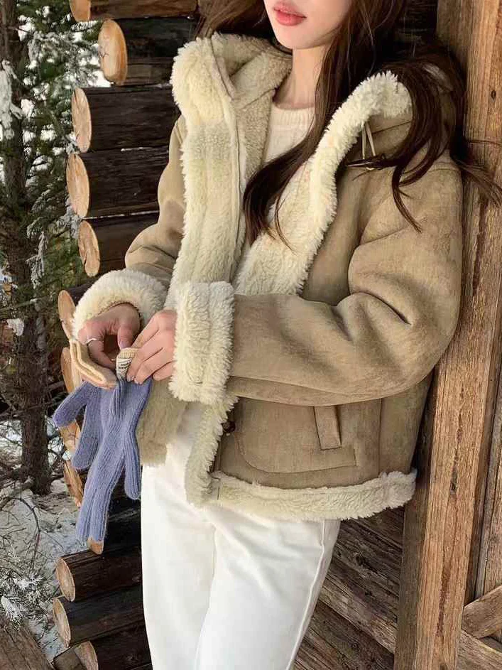 

Корейское кожаное пальто с капюшоном в стиле ретро, закрывающееся меховое пальто с милым дизайном на пуговицах, женское зимнее теплое пальто свободного покроя, чистый цвет