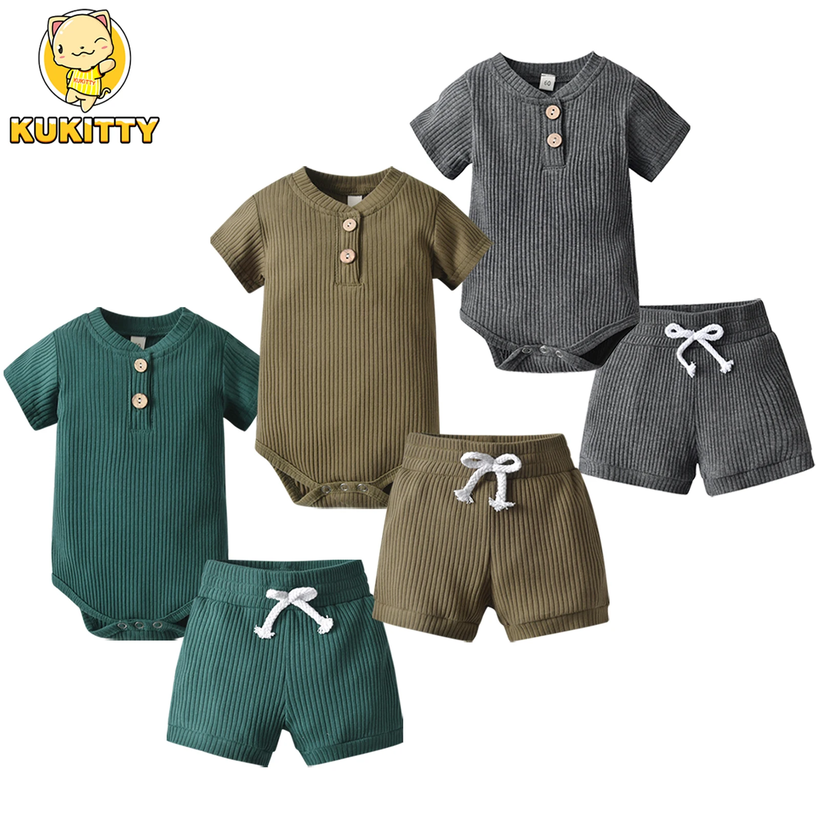 KuKitty Summer Newborn Baby Boy Knitted 2PCS Clothes Set Short Sleeve Romper Bodysuit Top and infant Shorts Casual Outfit