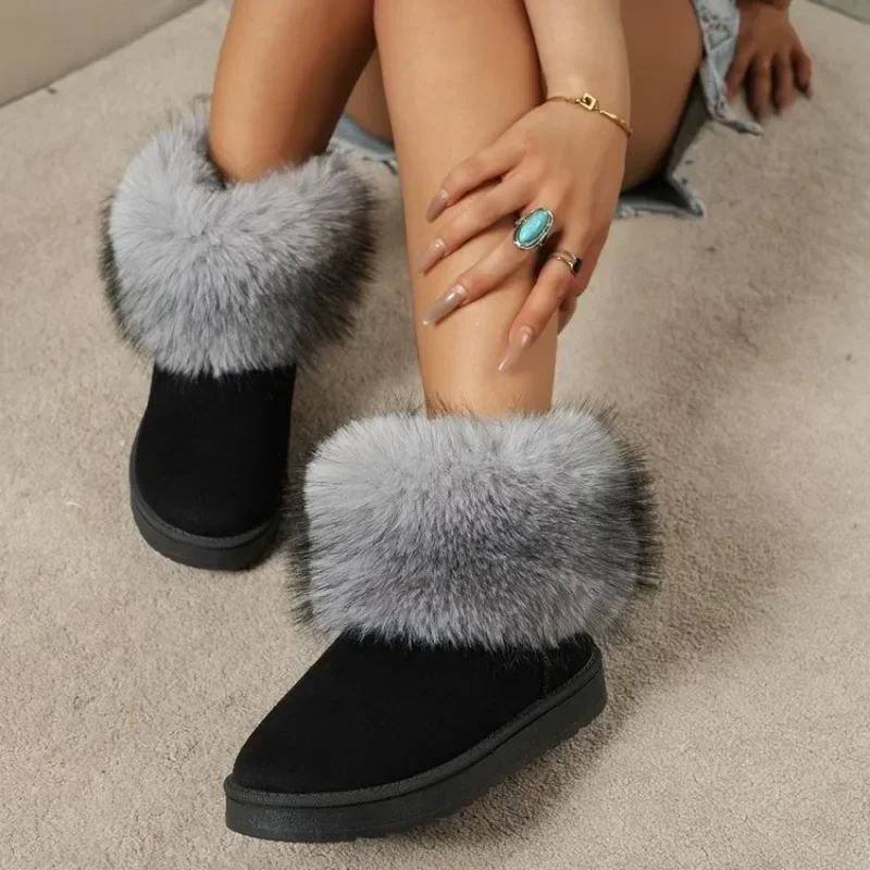 Women Winter Snow Fur Boots Winter Warm Ankle Boots for Women Snow Shoes Style Round-toe Slip on Winter Boots Size 36-42
