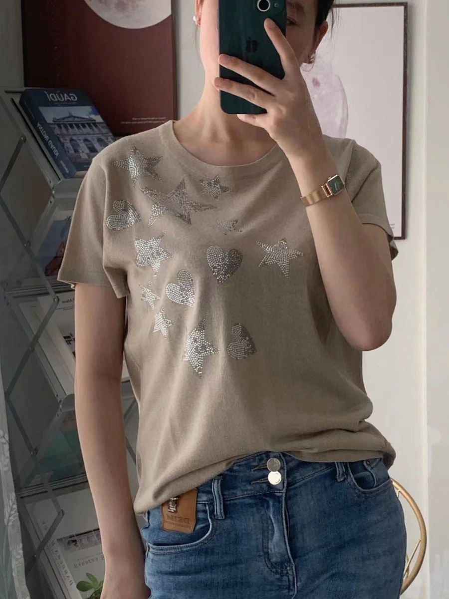 

Early Autumn New Love Heart Star High Temperature Rhinestone round Ne ort Sve T-irt Linen Thin Knitted Top Women's F...