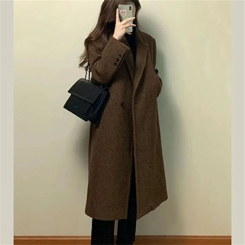 Plus Size high-end coffee colored Long suit jacket for women\'s Blazer Loose casual Thick Trench woolen coat for autumn and winte