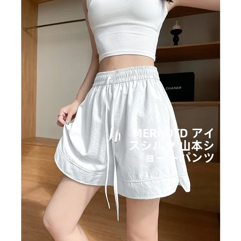 White Ice Silk Sembach Women's Shorts Summer New Casual Loose plus Size Five-Quarter Sports Pants Outdoor Camping Travel Gear
