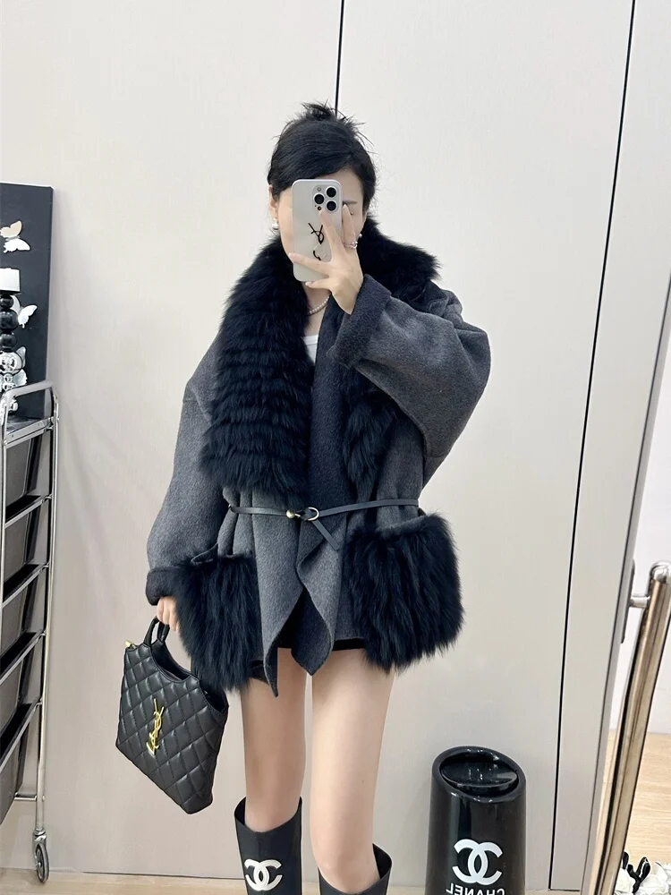 2024 New Winter Natural Real Fox Fur Collar Coat Cashmere Wool Woolen Women Jacket Luxury Outwear Ladies Female Fur Coat