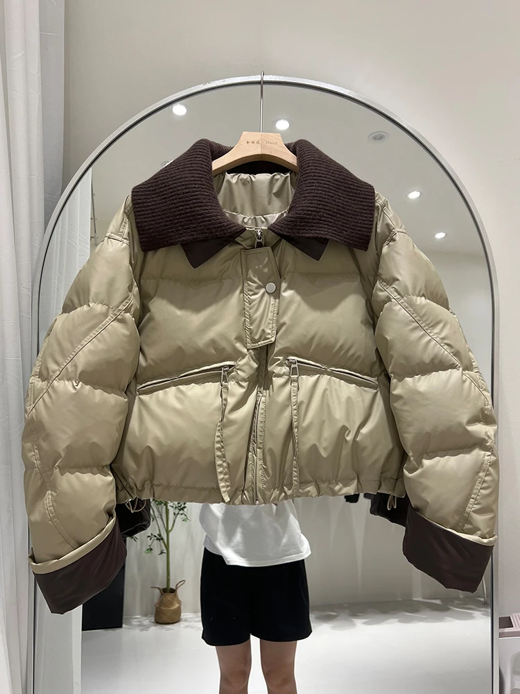 

Winter New Knitted Collar Versatile Down Jacket Women's Splicing Non Washable Loose Thick White Duck Down Coat Trendy