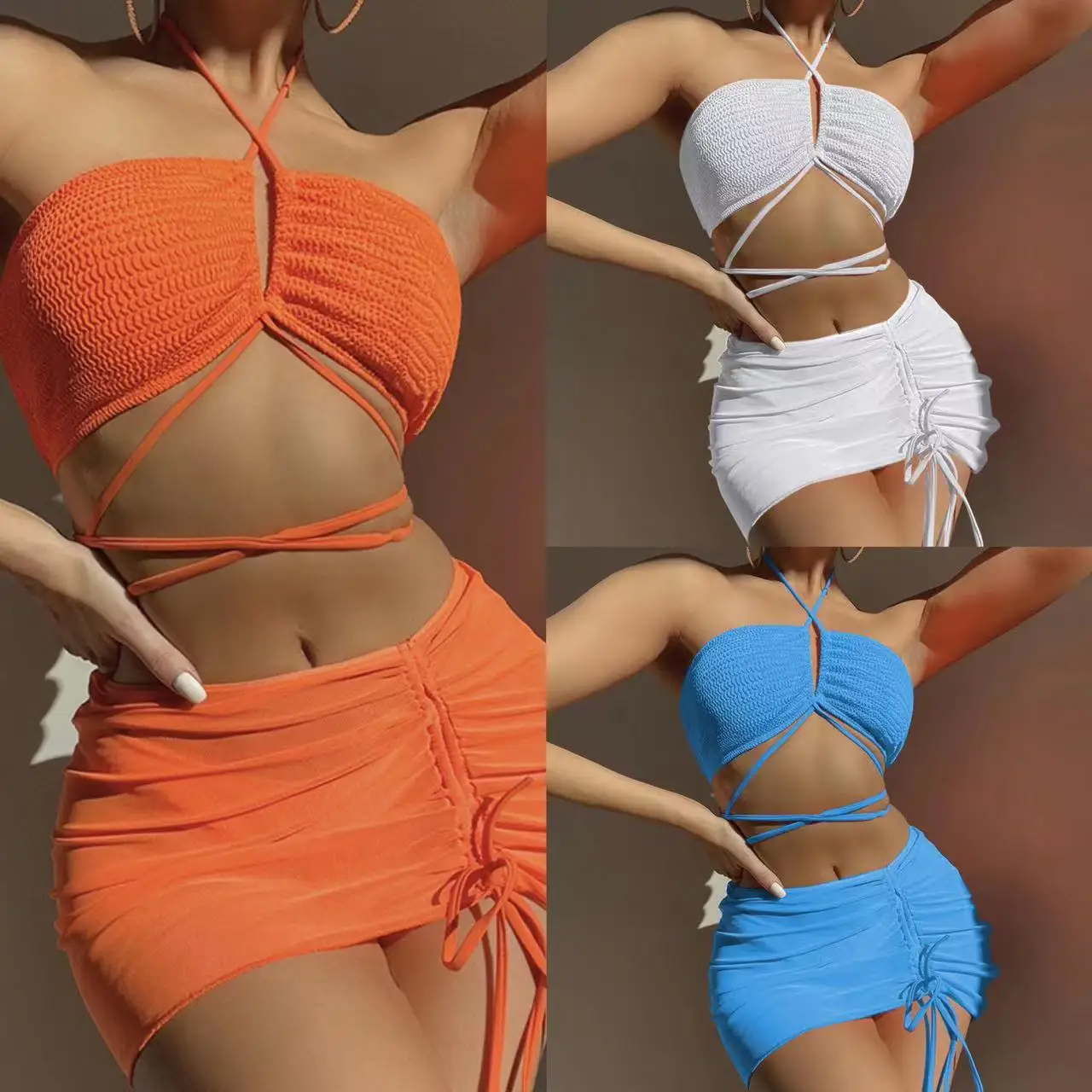 2023 Europe and the United States new fold cloth drawstring strapping net three-piece swimsuit bikini