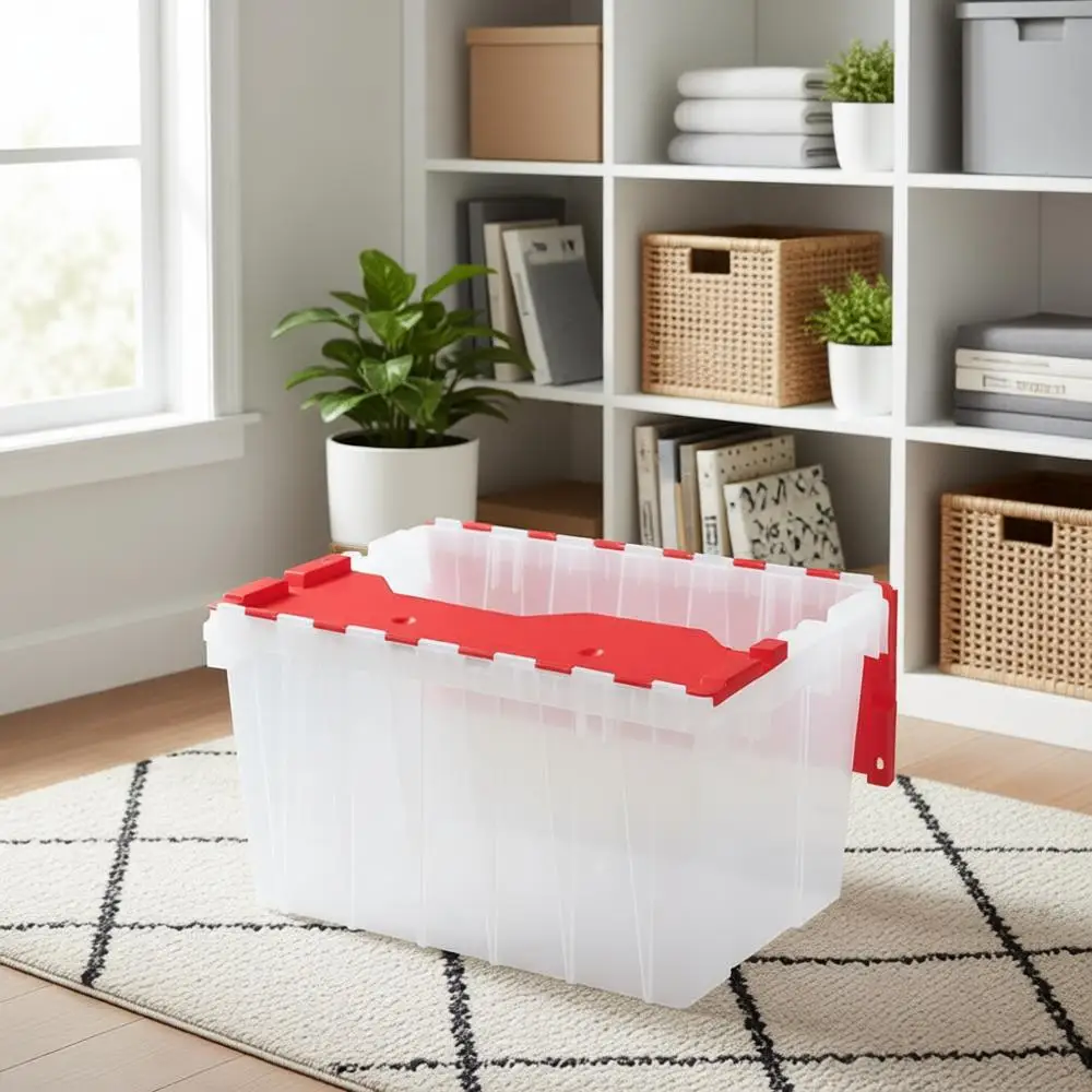 

12 Gallon Storage Container, Nesting and Stackable Plastic Storage Box with Lid Attached, Clear Tote for Garages, Closets, and M