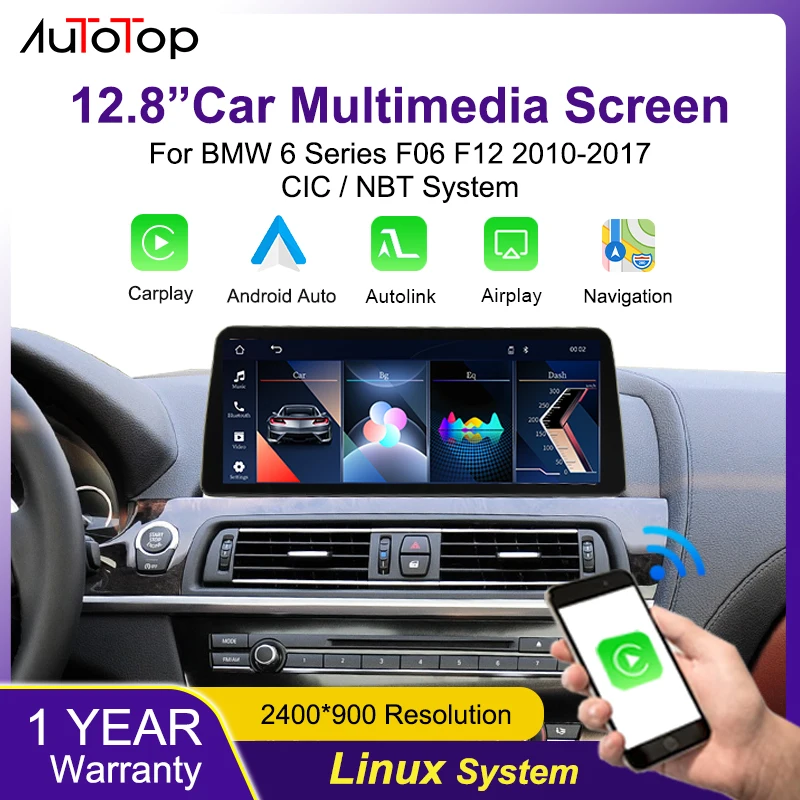 AUTOTOP 12,8 Zoll Linux Carplay Multimedia-Touchscreen, kabelloses Android Auto für 6er Serie F06 F12 2010-2017 CIC/NBT System, BT Navigation, Mirror Link