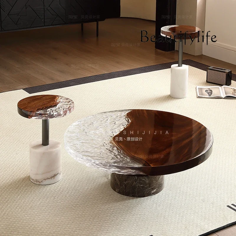 

High-end walnut solid wood round coffee table Italian minimalist living room high-end art natural marble round coffee table