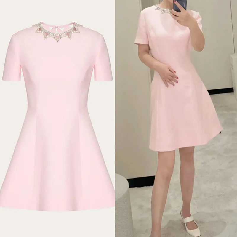 

Women's Fashion Round Neck Hollow Out Diamond Dress Elegant Gorgeous Short Sleeve Party Sweet Mini Dresses Summer New 3 Color