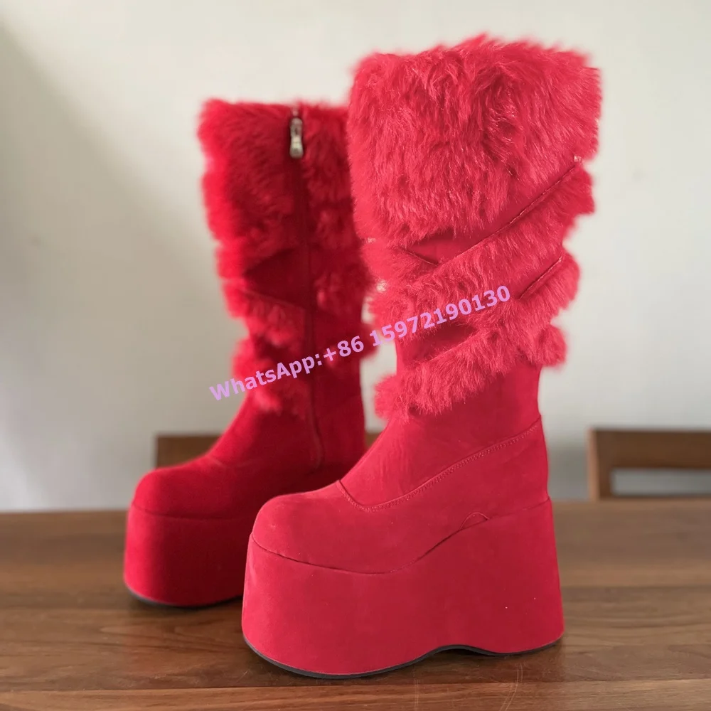 

Furry Red Long Boots Round Toe Thick Soled Platform 11 Cm Solid Boots Winter Women's Large Size Runway Sexy Knee High Boots