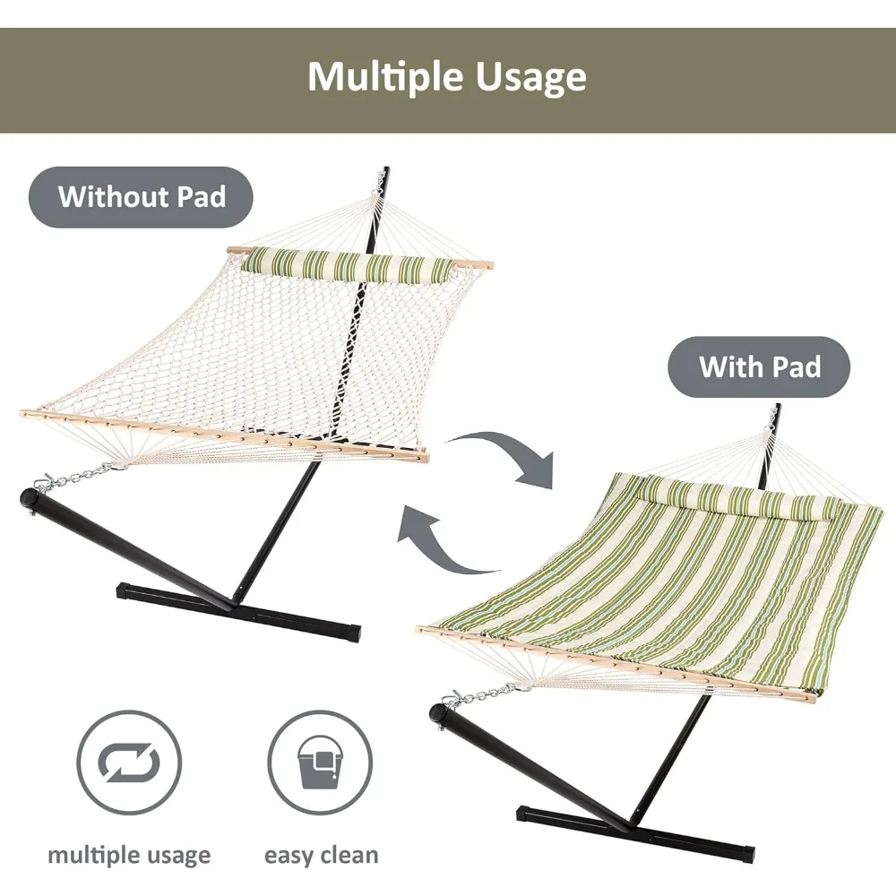 

Cotton rope hammock, hardwood boom for two, quilted fabric mat and removable pillows, hammock with 12ft steel stand, cup holder