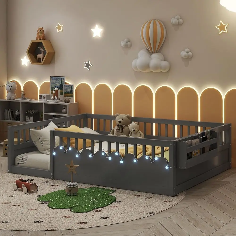 

Mid-Size Montessori Bed with High Side Rails, Wooden Playhouse Bed with Rails, Gray, Suitable for Kids and Teens, No Slats