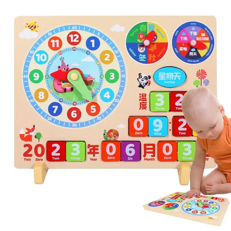 Calendrier en bois pour enfants, horloge, jouet pour apprendre l'heure, montage mural, tableau météo, âge des enfants