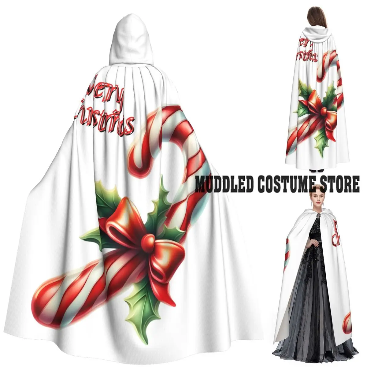

Christmas Day Xmas Candy Cane Long Hooded Cloak Witch Medieval Costume Cosplay Cape HalloweenCoat Adult Unisex