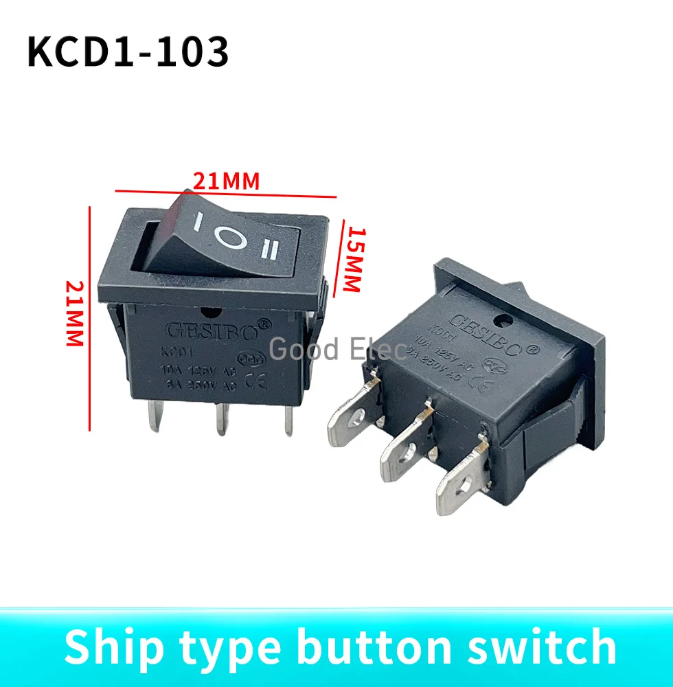 5PCS KCD1 103 3P black three position toggle switch  6A/250VAC 10A/125VAC (on / off / on) rocker switch 1011