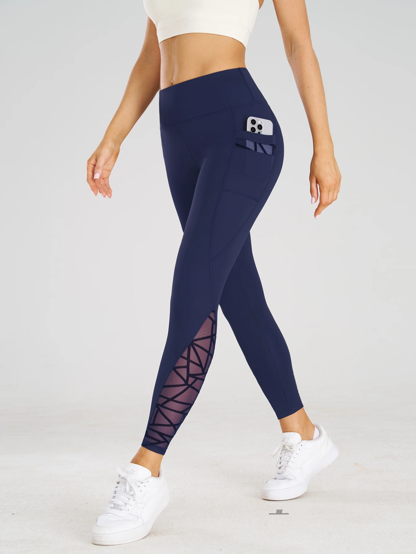Women High Waist Yoga Leggings Butt Lifting Shaping Mesh Splice Phone Pockets Stretch Breathable Workout Gym Fitness Pants