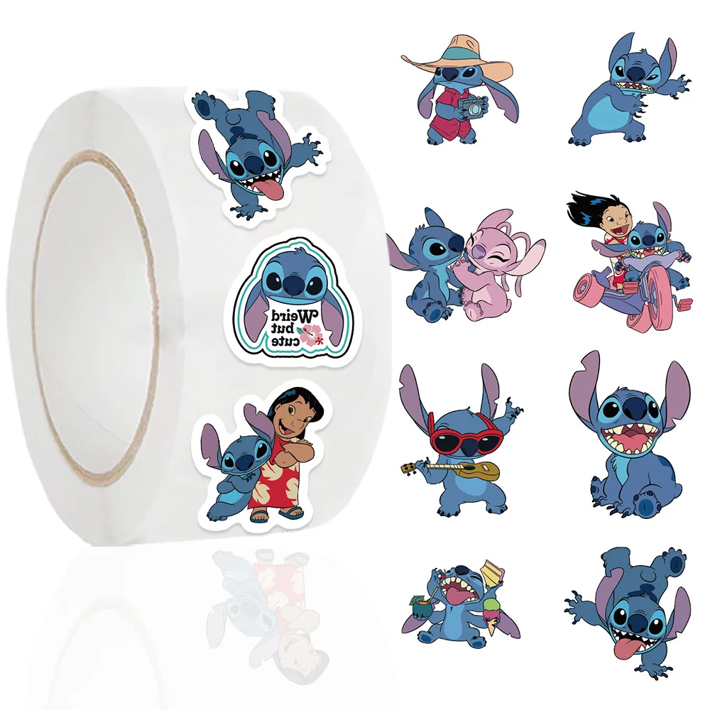 500 uds/rollo de pegatinas de sellado de alienígenas de la serie Stitch de dibujos animados de Disney, pegatinas de PVC para ordenador portátil, decoración, juguete de regalo de recompensa