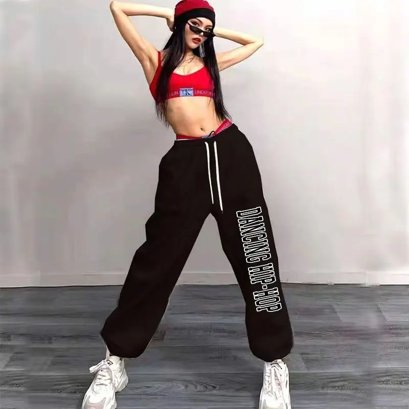 المرأة شخصية إلكتروني طباعة Sweatpants الكورية نمط العصرية الجاز بنطلون رياضي عادية فضفاض عالية الخصر الرقص بنطال رياضي