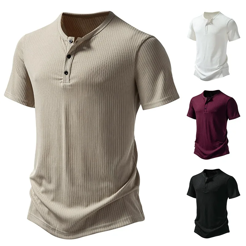 4 Farben! 2024 Sommer Baumwolle und Hanf T-Shirt Drei-Knopf-Herren Henry Pit Stripe Kurzarm T-Shirts