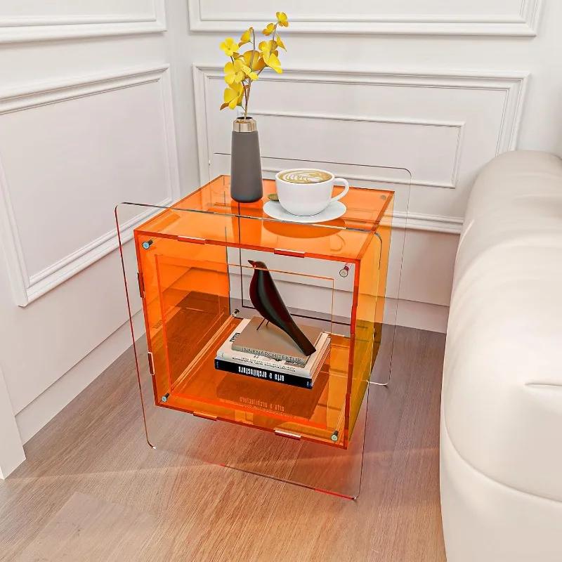 KSacry Acrylic Nightstand Orange Acrylic Side Table Night Stands for Bedrooms Acrylic Bedside Table with Open Storage Shelf