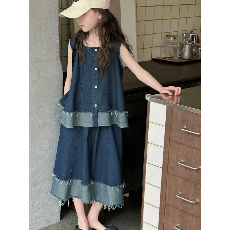 

Children's Sets Children's Denim Suit Summer Girls' Denim Skirts Denim Vest Half Skirt Two Piece Set