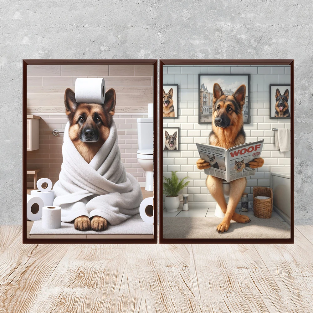 Humor German Shepherd Bathroom Wall Art Print Funny Dog In Toilet Print Whimsical Dog Mom Animal Picture for Toilet Decoration