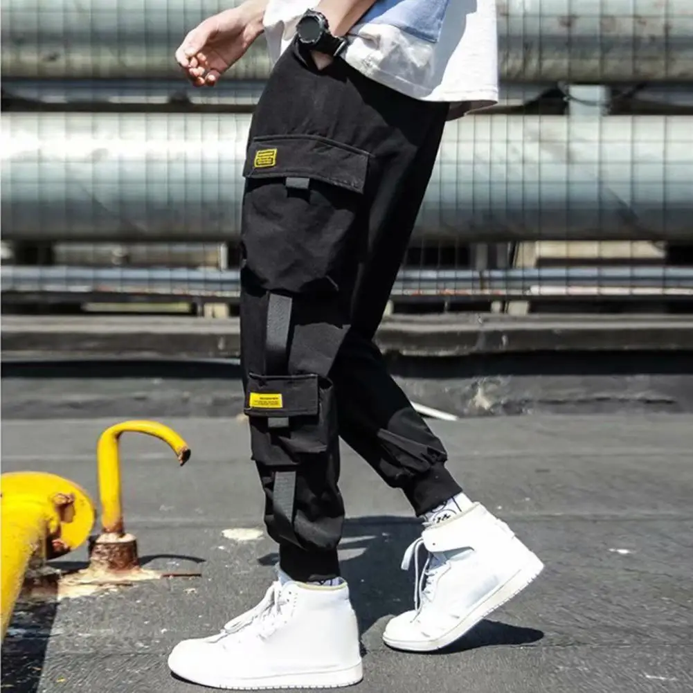 Outdoor Travel Sport Trousers Men's Loose Fit Cargo Pants with Ankle-banded Drawstring Waist Multiple Pockets Strap for Fitness