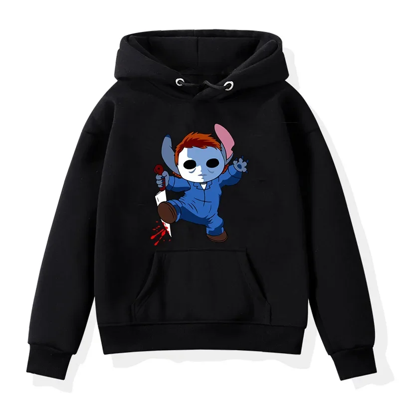 Stitch Halloween Cartoon Print Pullover Fashion Loose Couple Hooded Sweater  Winter Clothes Women