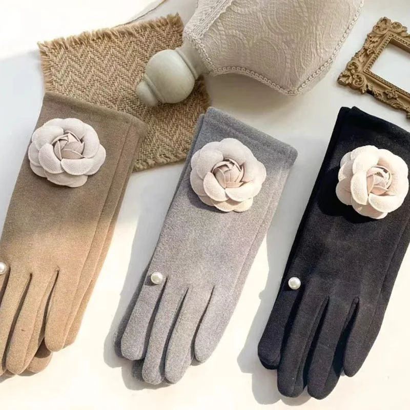 السيدات الجديدة الخريف والشتاء عطر خفيف كريم لؤلؤة كاميليا مع قفازات مخملية دافئة لركوب الخيل التي تعمل باللمس #3
